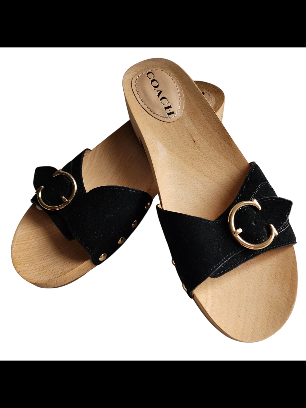 COACH "Bleeker" Black Suede Slide Sandals with Gold Buckle